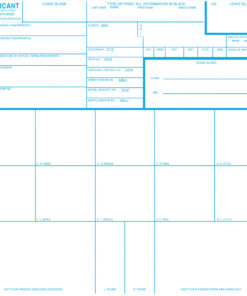 FBI fd-258 card with space for fingerprints. White card. blue ink. corner cut at top