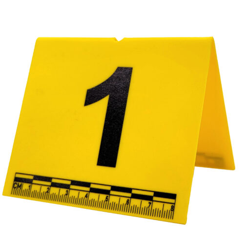 A yellow a frame Evidence Tent with a scale in cm and large numbering