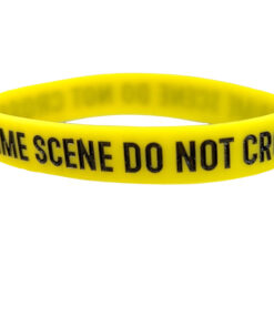 yellow wrist band with CRIME SCENE DO NOT CROSS printed in black