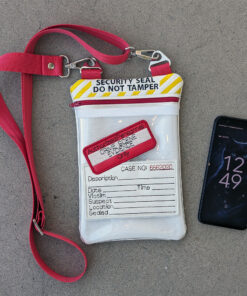 A Crossbody Bag decorated as an evidence envelope