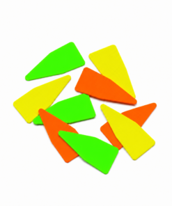 Crime scene evidence markers in fluorescent orange, green and yellow