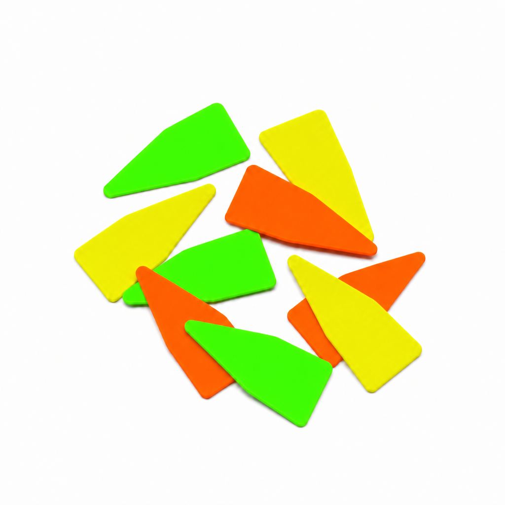 Crime scene evidence markers in fluorescent orange, green and yellow